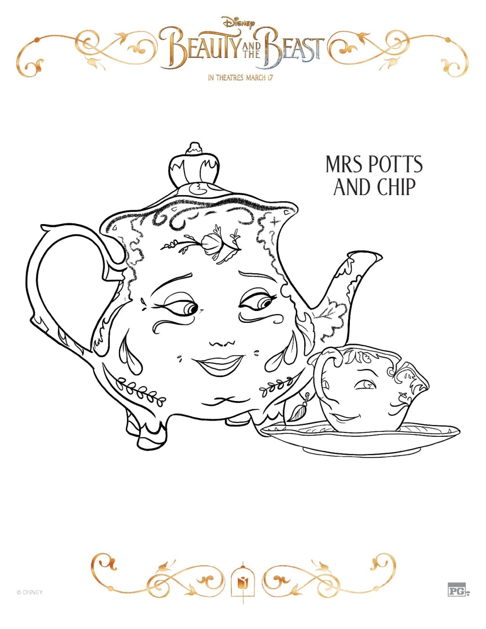 Free Printable Beauty and The Beast 2017 Coloring Pages Mrs Potts and Chip