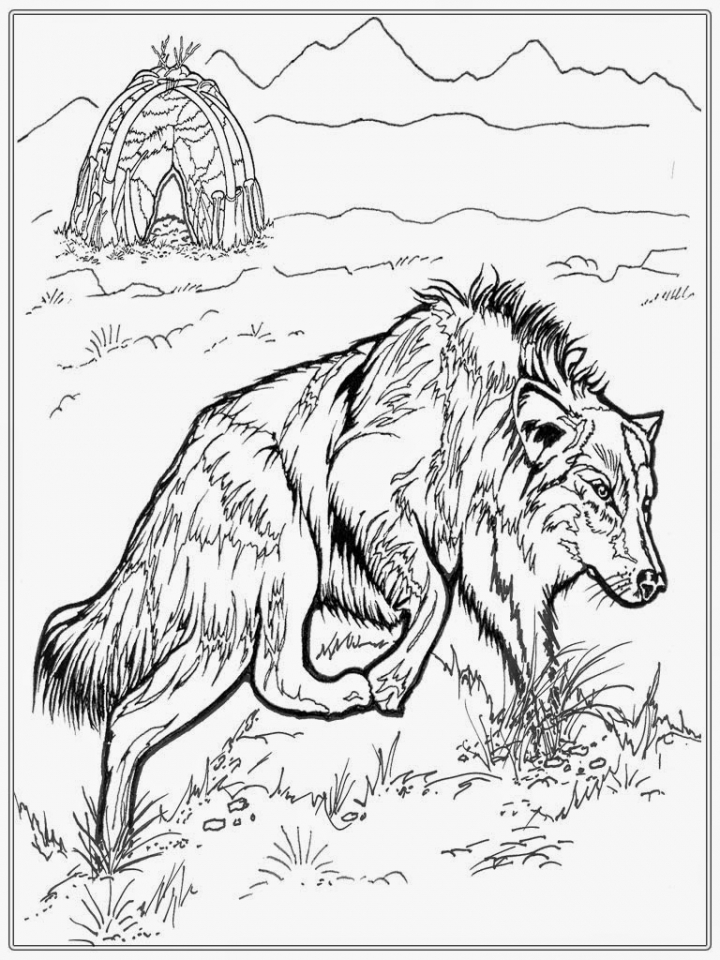 howling wolf under full moon coloring page