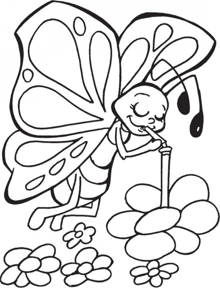 Gambar Butterfly Viewing Flowers Coloring Page Kids Pages Easy