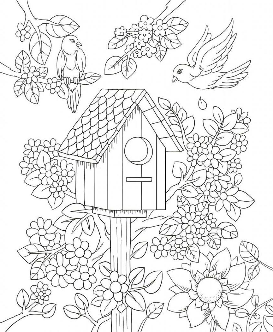 Get This Spring Coloring Pages Printable for Adults Birdhouse in Flower