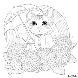 Adult Coloring Pages Cats Rainbow Cat with Bouquets of Flowers