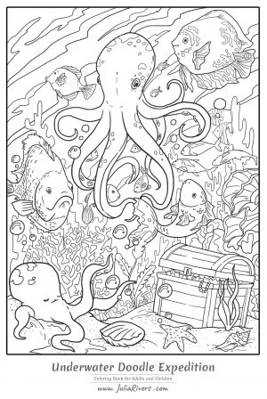 Adult Coloring Pages Ocean Octopus Protecting a Treasure