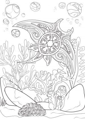 Adult Coloring Pages Ocean Ray and Turtle
