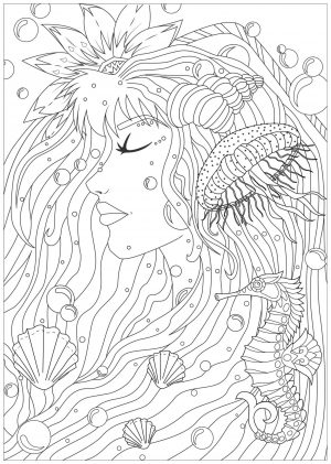 Adult Coloring Pages Ocean Sea Goddess and Jellyfish