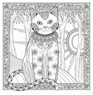 Cat Coloring Pages for Adults Cat with Sunny Art Pattern