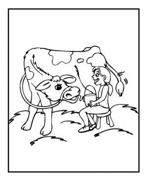 Cow Coloring Pages Free Printable Little Girl Getting Milk from Her Cow