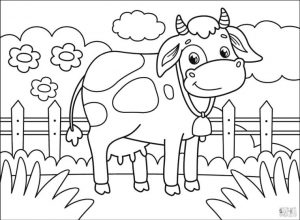 Cow Coloring Pages to Print Smiling Cow in a Farm