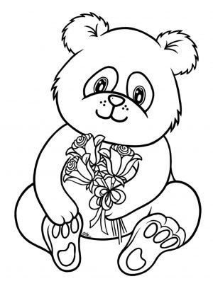Cute Baby Panda Bear Holding Flowers Coloring Page