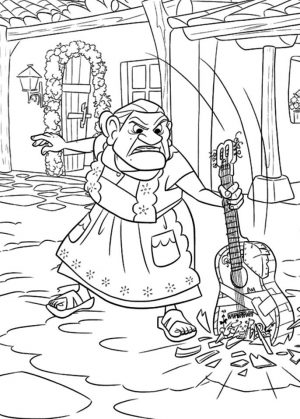 Disney Coco Coloring Pages Printable Grandma Breaking Guitar