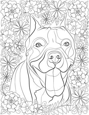 Dog Coloring Pages for Adults Happy Dog with Flower Design