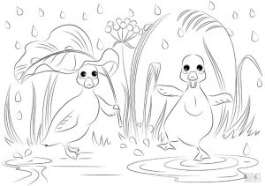 Duck Coloring Pages Happy Baby Ducks Dancing in the Rain