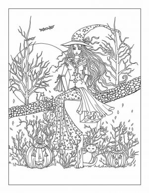 Halloween Coloring Page For Adults Witch and Her Cat 5wtc
