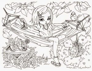 Hard Coloring Pages Online Little Girl Chilling on a Hammock
