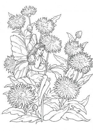 Hard Coloring Pages Spring Fairy and Dandelions