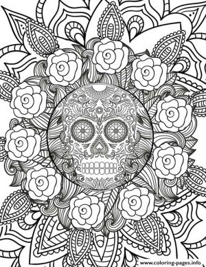 Hard Coloring Pictures for Adults Sugar Skull amd Flowerts