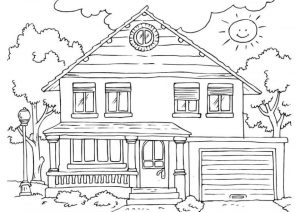 House Coloring Pages for Kids A House with Smiling Sun