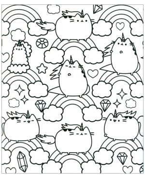 Kawaii Coloring Pages Cute Pusheen Cat and Rainbow