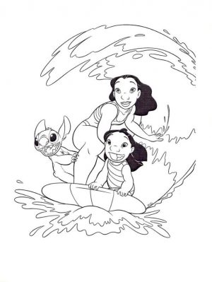 Lilo and Stitch Coloring Pages Lilo and Stitch Surfing along a Big Wave
