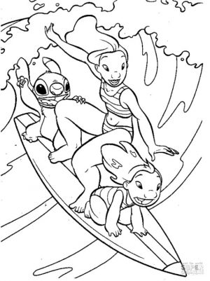 Lilo and Stitch Coloring Pages Lilo and Stitch Surfing in the Ocean