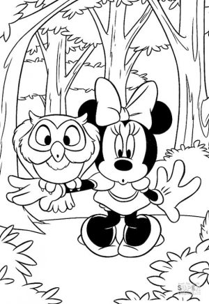 Minnie Mouse Coloring Pages Free Minnie Mouse with an Owl in a Forest