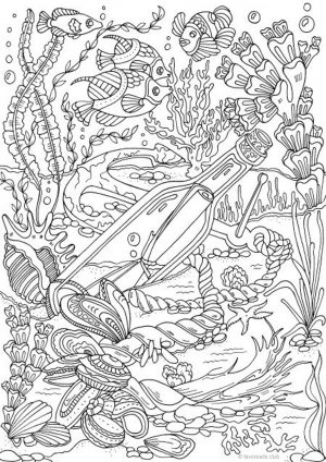 Ocean Coloring Pages for Adults Free Printable A Message Bottle on the Sea Floor