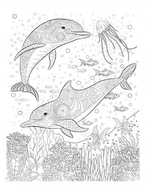 Ocean Coloring Pages for Adults Free Printable Dolphins and Jelly Fish