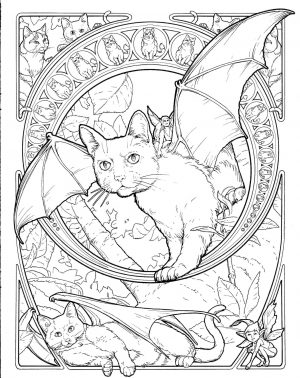 Printable Cat Colorinng Pages for Grown Ups Cat with Dragon Wings and Little Fairies
