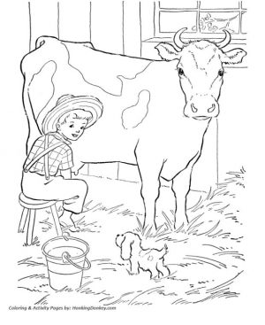 Realistic Cow Coloring Pages Printable A Boy Milking a Cow