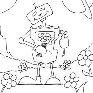 Robot Coloring Book Pages Robot Holding Flowers for You