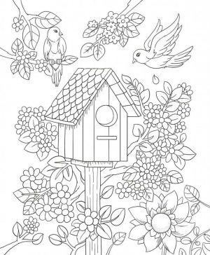 Spring Coloring Pages Printable for Adults Birdhouse in Flower Garden