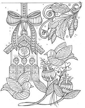 Spring Coloring Pages Printable for Adults Birds Flowers and Ribbon