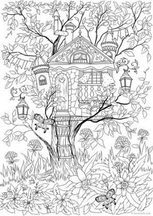 Spring Coloring Pages for Adults Birdhouse and Butterflies