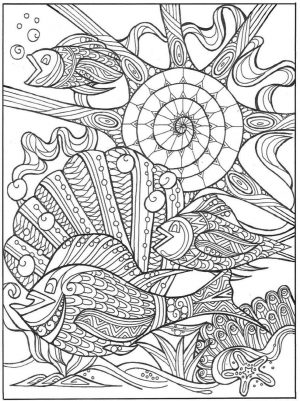 Under the Sea Coloring Pages for Grown Ups Fish and Cone Shell Zentangle