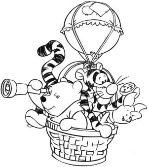 Winnie the Pooh and Friends Coloring Pages Playing Adventure in Hot Air Balloon